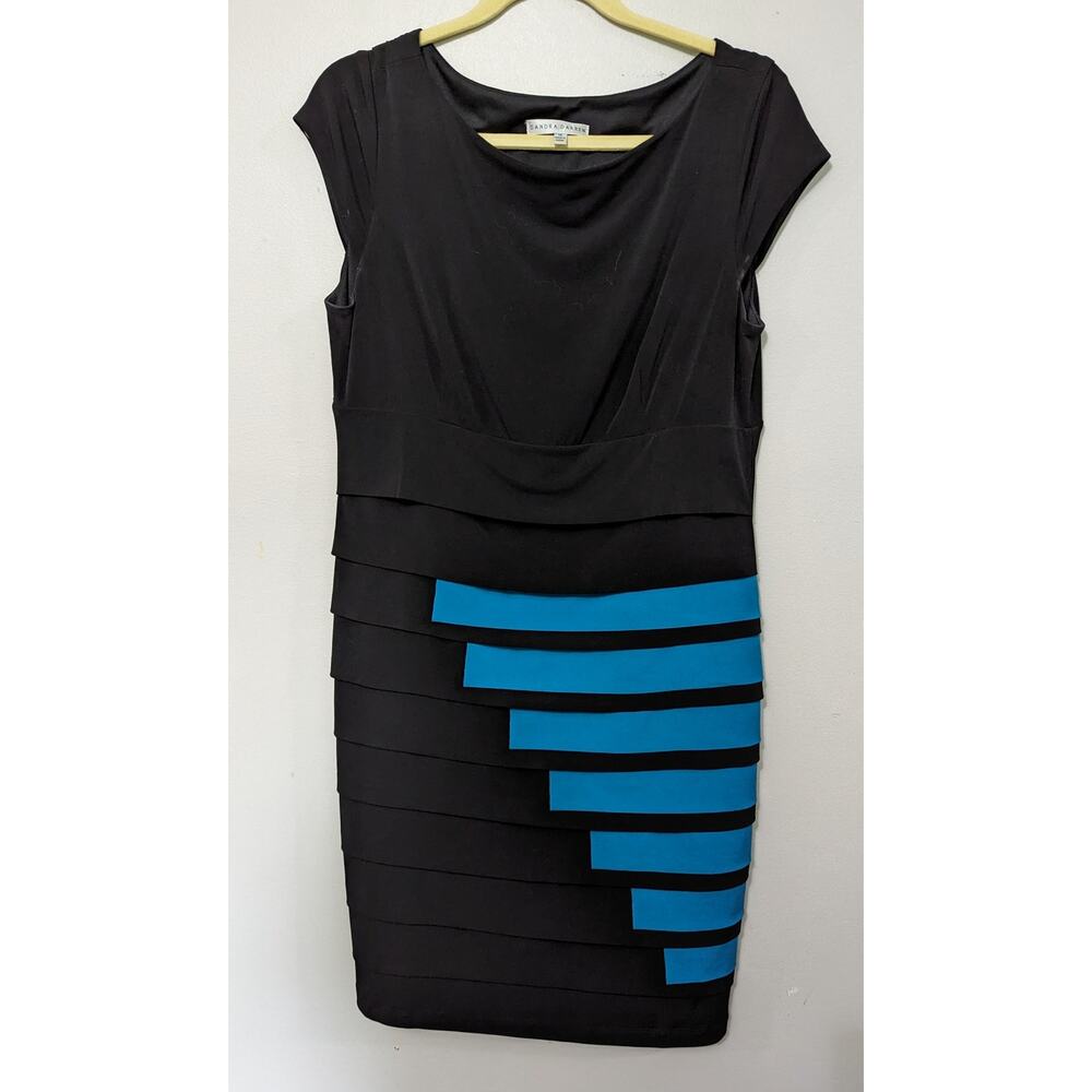 Sandra Darren Women's Geometric Black/Turquoise Stretchy Midi Dress Size 14